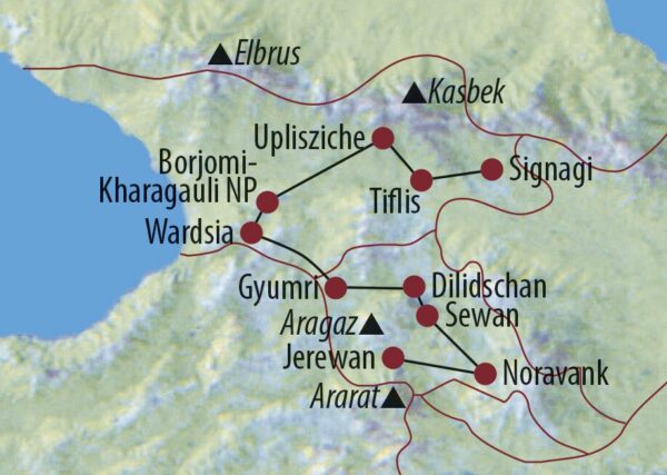 Armenien • Georgien Kaukasisches Mosaik Jerewan im Abendlicht Karte