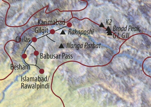 Pakistan Von der Märchenwiese ins Hunzaland Sonenaufgang über Karimabad mit Blick auf den Rakaposhi. Karte