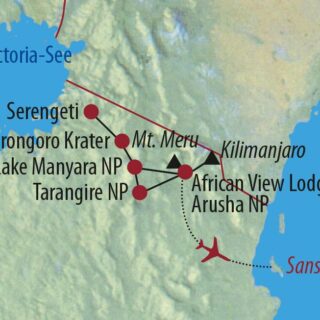 Karte Reise Tansania Mount Meru, Kilimanjaro und Safari 2022