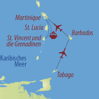 Karte Reise Trinidad und Tobago • Martinique • Barbados • St. Vincent und die Grenadinen • St. Lucia Inselhüpfen im Kaleidoskop der Karibik 2022