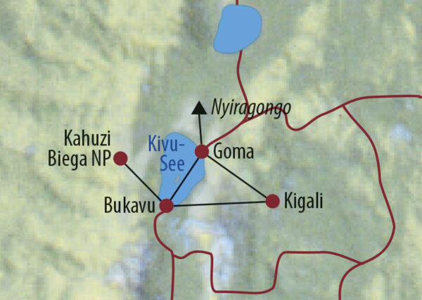Ruanda • Demokratische Republik Kongo Gorillas und Vulkane – Höhepunkte des Ostkongo Der Vulkan Nyiragongo in den Virunga-Bergen Karte