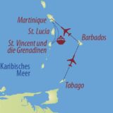 Karte Reise Trinidad und Tobago • Martinique • Dominica • St. Vincent und die Grenadinen • St. Lucia Inselhüpfen im Kaleidoskop der Karibik – mit 8tägigem Segeltörn 2022