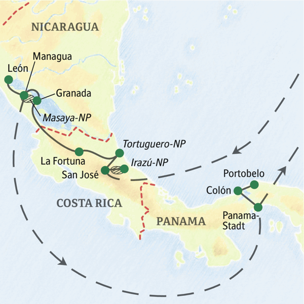 Reiseroute Mittelamerika – Costa Rica – Nicaragua – Panama  | Tinta Tours Erlebnisreisen 2026