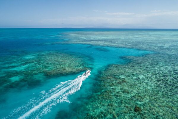 Blick auf eine Tenderboot mit Gästen auf dem Weg zu einer Drift Schnorcheltour