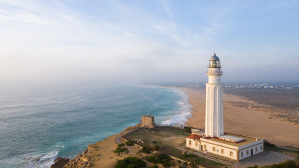 Drone,Views,Of,The,Trafalgar,Lighthouse,On,The,Costa,De