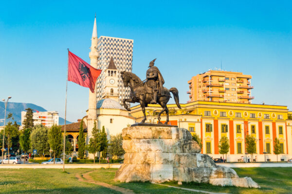 Skanderbeg,Square,With,Flag,,Skanderbeg,Monument,And,The,Et'hem,Bey