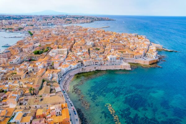 Aerial,Of,Ortigia,Island,,Old,Town,With,Turquoise,Sea,Of