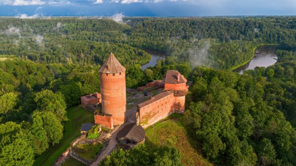 Aerial,View,Of,Turaida,Castle,,A,Recently,Reconstructed,Medieval,Castle