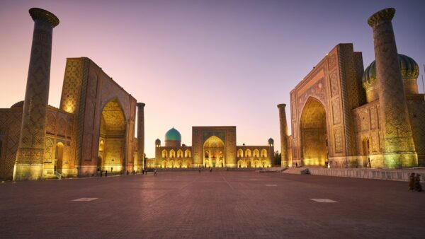 Evening,Illumination,At,Registan,Square,In,Samarkand