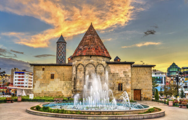 Yakutiye Medrese with a fountain in Erzurum, Turkey