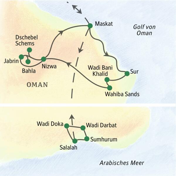 Reiseroute Oman – mit Halbinsel Musandam  | Tinta Tours Erlebnisreisen 2026