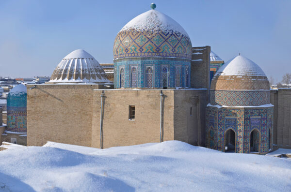 Domes,Of,Historical,Monuments,Of,Samarkand,In,Winter.,Snow,On
