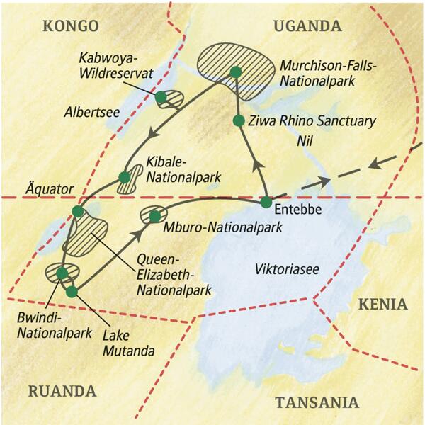 Reiseroute Uganda – mit Gorilla-Tracking  | Tinta Tours Erlebnisreisen 2026