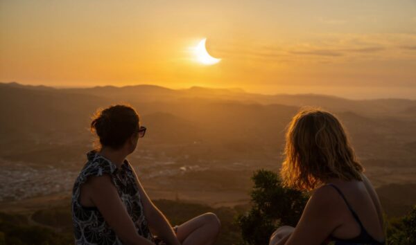 Partielle Sonnenfinsternis über der weiten Hügellandschaft, Tunesien
